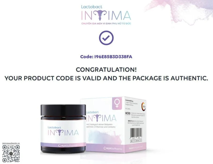 Men vi sinh Lactobact Intima cân bằng hệ vi sinh vùng kín, ngăn ngừa bệnh phụ khoa chính hãng xác thực thành công khi quét QR | dmpchauau.com