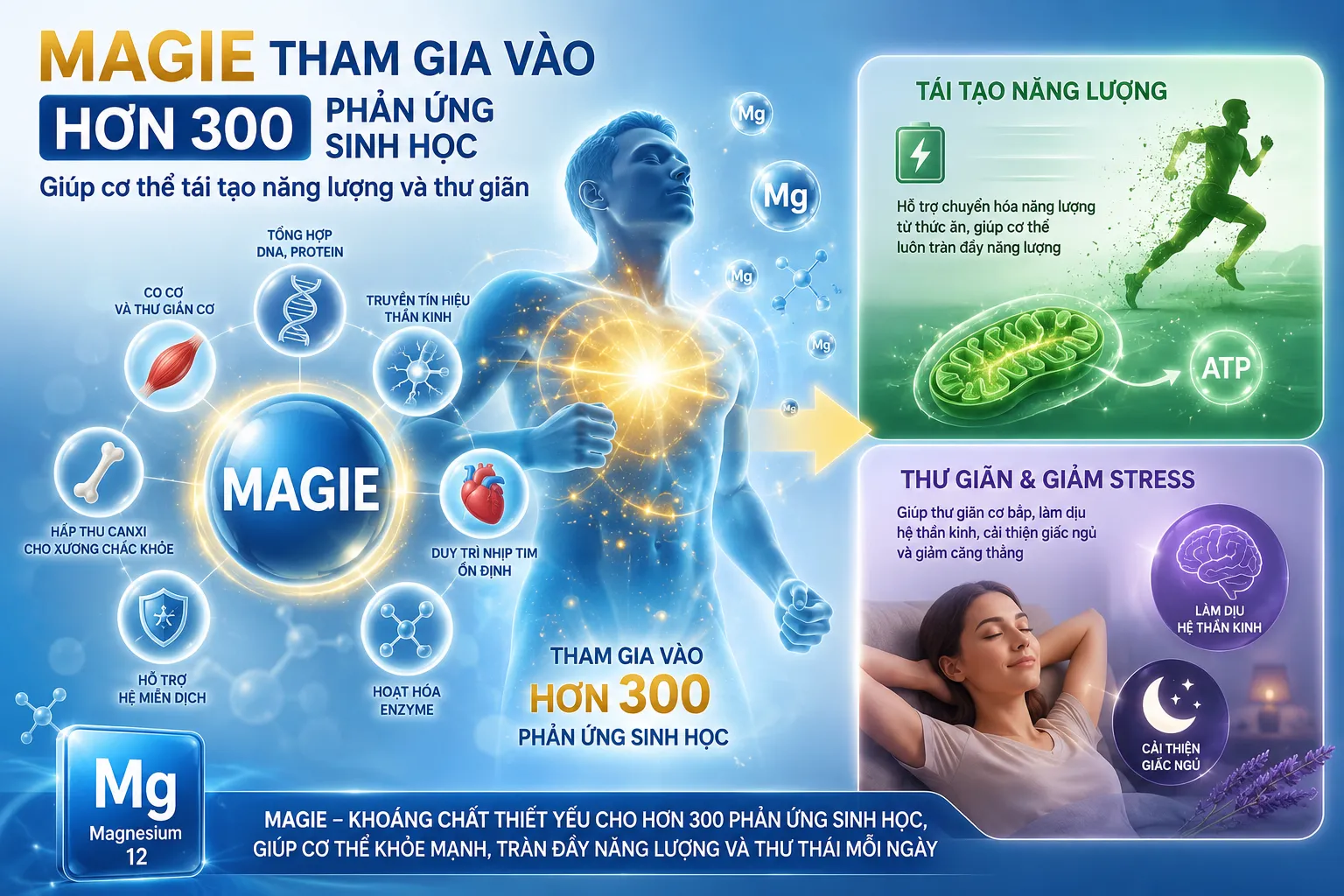 Magie tham gia vào hơn 300 phản ứng sinh học, giúp cơ thể tái tạo năng lượng và thư giãn.