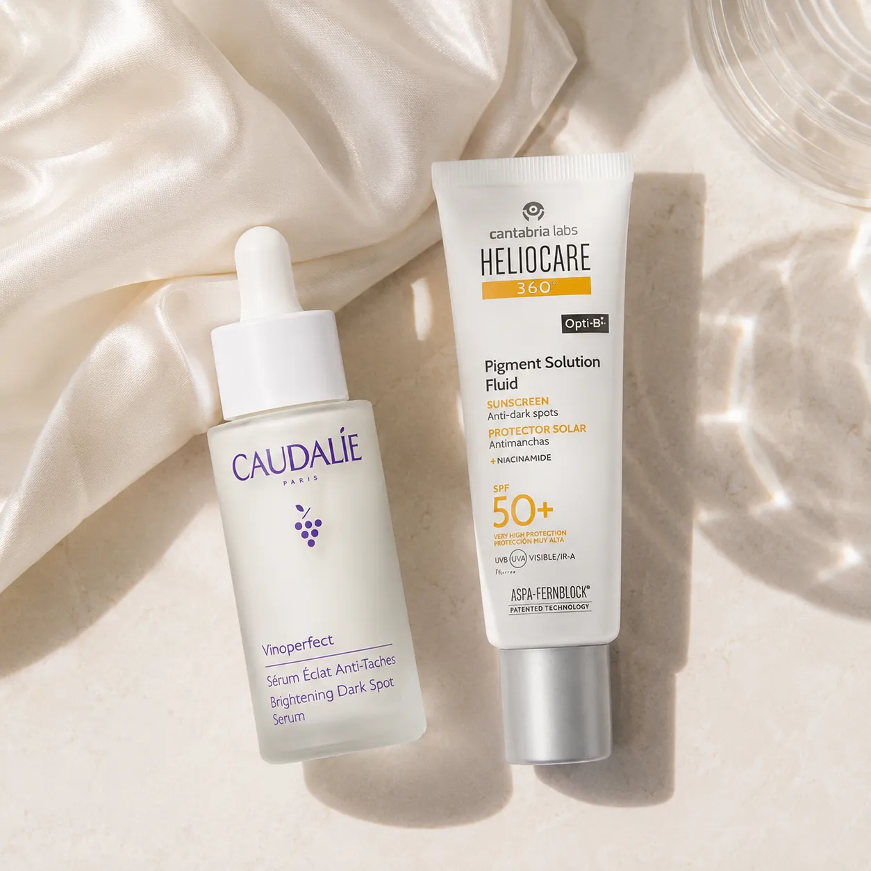 Quy trình dưỡng sáng mờ nám buổi sáng với serum Caudalie Vinoperfect và kem chống nắng Heliocare