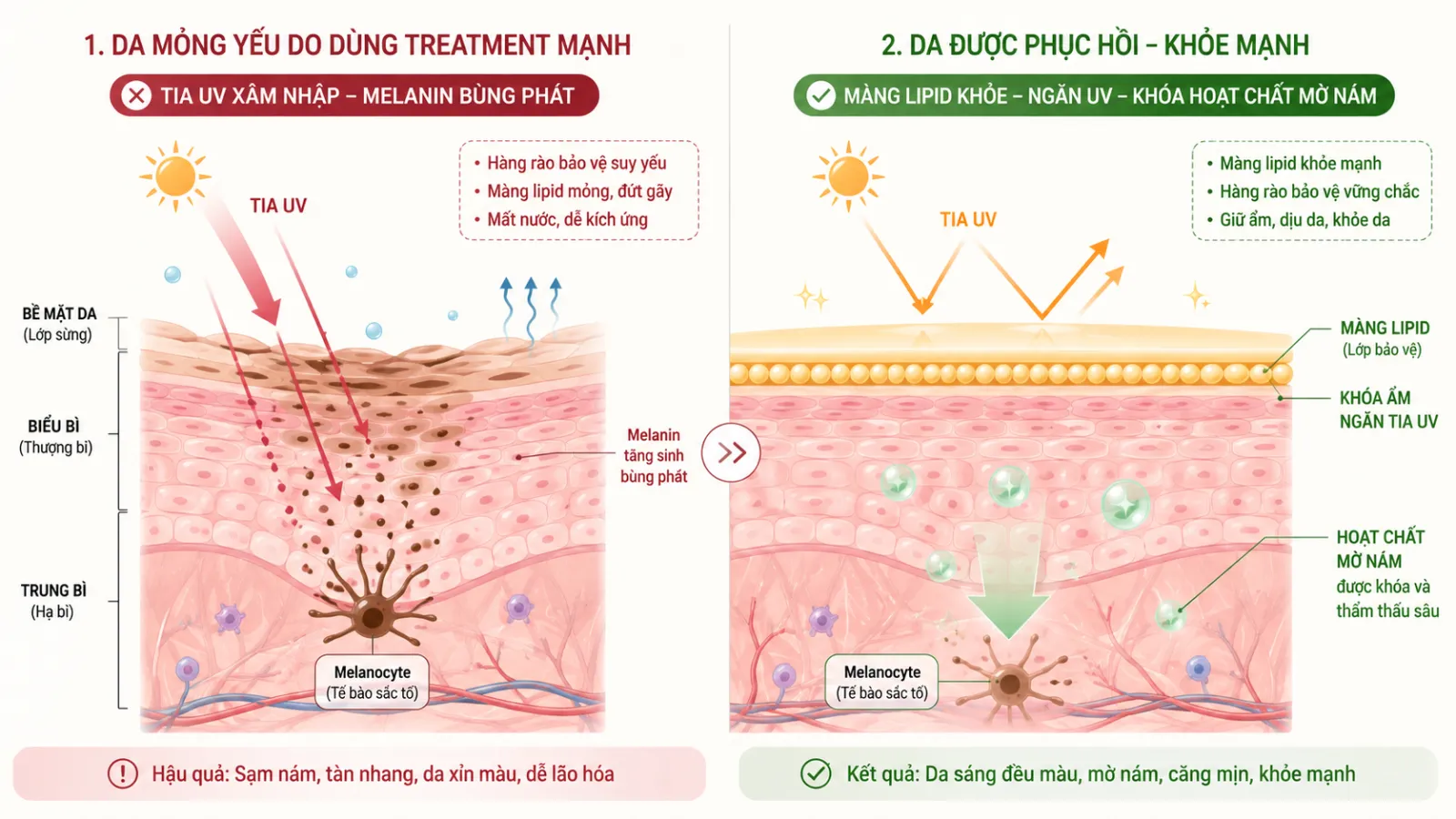 : Sơ đồ minh họa vai trò của hàng rào bảo vệ da trong việc ngăn ngừa nám tái phát