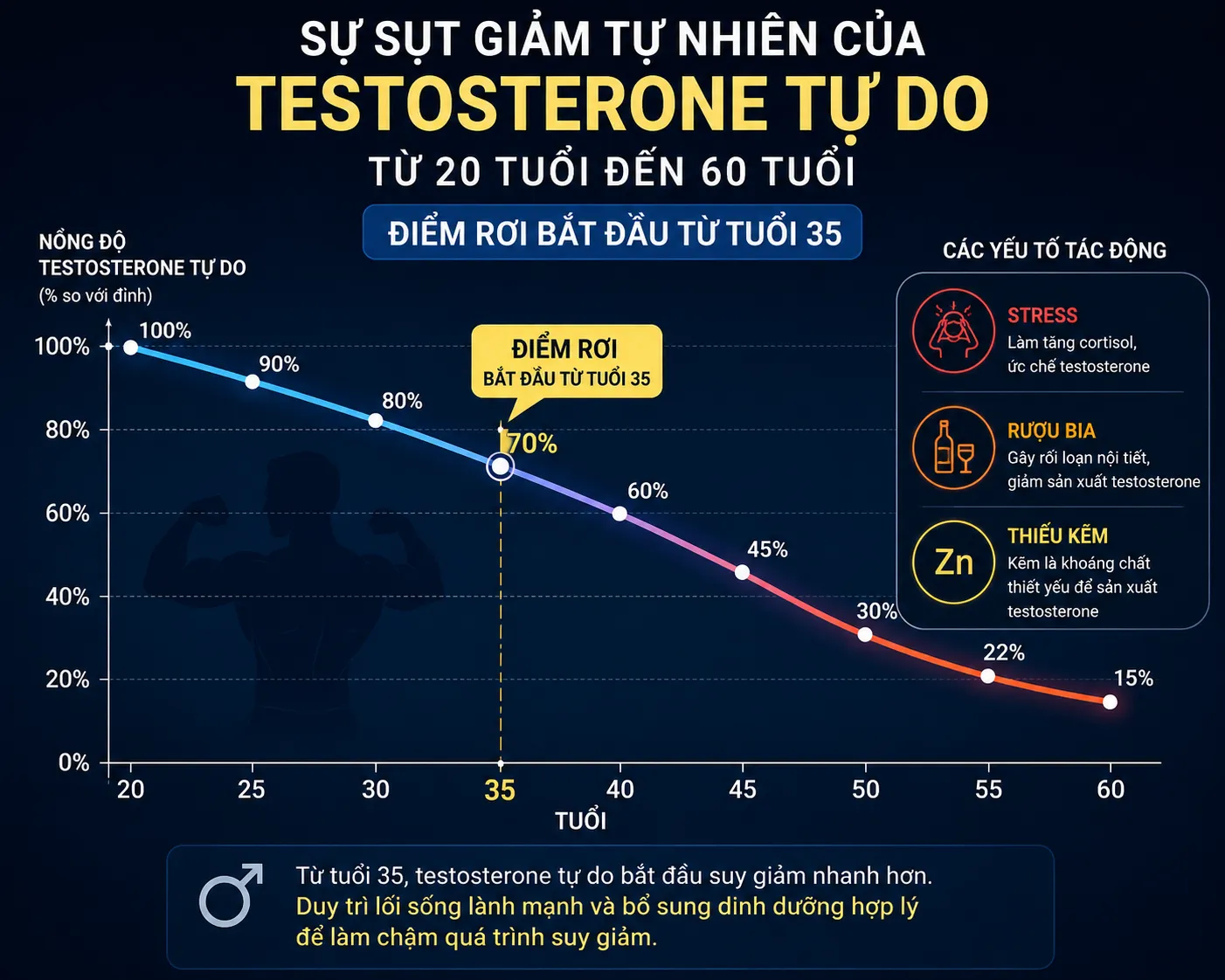 Biểu đồ suy giảm nồng độ testosterone tự nhiên ở nam giới từ sau tuổi 35